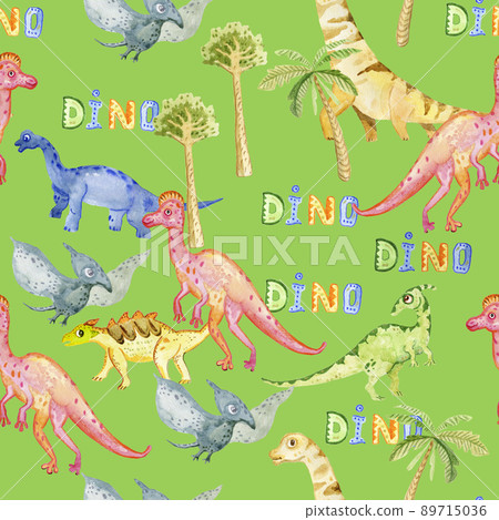 Seamless pattern depicting colored dinosaurs. Isolated on a white background. Watercolor hand drawing. 89715036