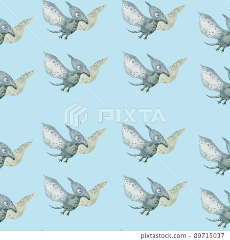 Seamless pattern with cute dinosaur. Parasaurolophus and pterodactyl in kawaii style. Seamless pattern with cute dinosaur. Parasaurolophus and pterodactyl in kawaii style. 89715037