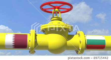 QATAR BULGARIA gas or oil transit concept. Pipe with valve, 3D rendering QATAR BULGARIA gas or oil transit concept. Pipe with valve, 3D rendering 89715442