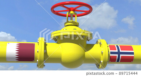 QATAR NORWAY gas or oil transit concept. Pipe with valve, 3D rendering QATAR NORWAY gas or oil transit concept. Pipe with valve, 3D rendering 89715444