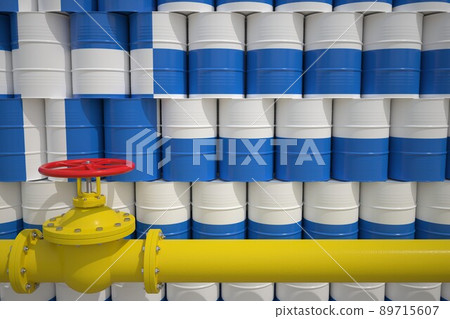 Barrels with flag of Greece and gas transportation pipe. 3d rendering Barrels with flag of Greece and gas transportation pipe. 3d rendering 89715607