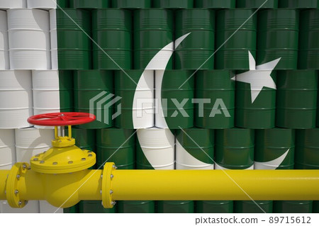 Many barrels with petrochemicals with flag of Pakistan and gas pipe. 3d rendering Many barrels with petrochemicals with flag of Pakistan and gas pipe. 3d rendering 89715612