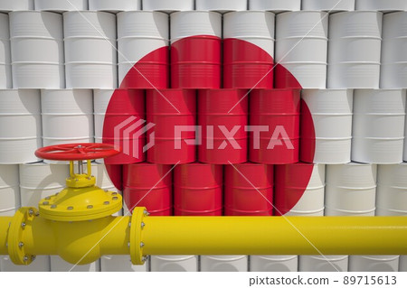 Many barrels with petrochemicals with flag of Japan and gas pipe. 3d rendering Many barrels with petrochemicals with flag of Japan and gas pipe. 3d rendering 89715613