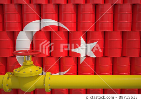 Barrels with flag of Turkey and gas transportation pipe. 3d rendering 89715615