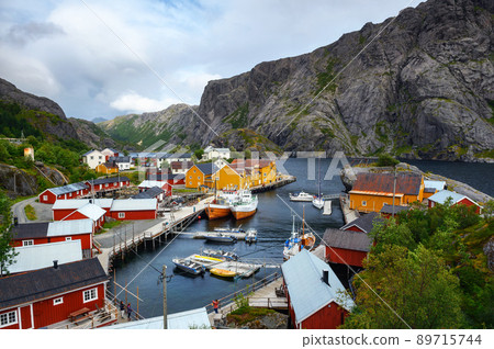 Aerial view of Nusfjord fishing village on Lofoten islands, Norway 89715744