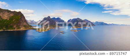 Panorama of Reine fishing village and high mountains on Lofoten islands, Norway 89715747