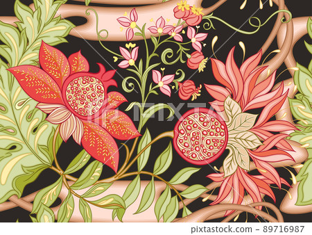 Decorative pomegranate fruits and flowers in art nouveau style, 89716987