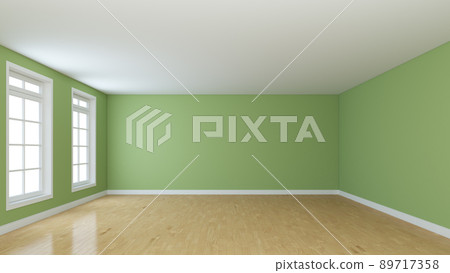 Beautiful Empty Room with Light Green Walls, Two Windows, Light Parquet and a White Plinth. Perspective View. High Quality 3D Rendering with a Work Path on the Windows. 8K Ultra HD, 7680x4320, 300 dpi 89717358