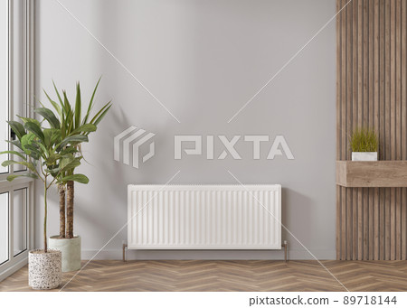 White heating radiator on grey wall in modern room. Central heating system. Free, copy space for your text. 3D rendering. White heating radiator on grey wall in modern room. Central heating system. Free, copy space for your text. 3D rendering. 89718144
