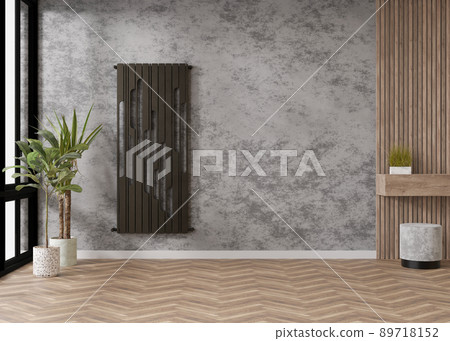 Black, modern heating radiator on grey concrete wall in contemporary room. Central heating system. 3D rendering. Black, modern heating radiator on grey concrete wall in contemporary room. Central heating system. 3D rendering. 89718152
