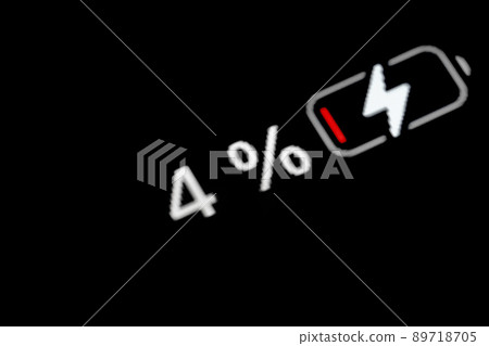 Battery level indicator charging process - white pixel number - four, 4 percent Battery level indicator charging process - white pixel number - four, 4 percent 89718705