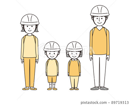 Yellow version of a family of four wearing a helmet for disaster prevention Yellow version of a family of four wearing a helmet for disaster prevention 89719313