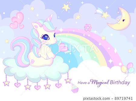 Cute unicorn and rainbow birthday card purple 89719741