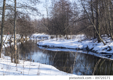Winter landscape with stream in wood Winter landscape with stream in wood 89720171