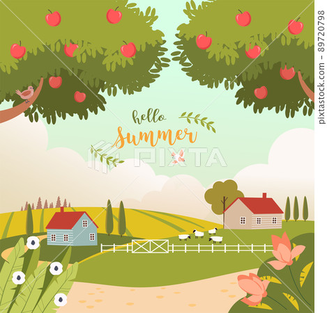 Summer countryside landscape with houses, trees and sheeps. Beautiful rural nature. Countryside view. Cute vector illustration of beautiful field landscape with green hills, sky in flat style. 89720798