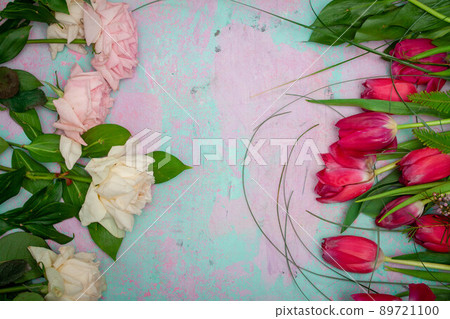 Spring summer border template floral background. Light air delicate artistic image, free space. 89721100