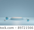 Abstract modern 3dD rendering scene with composition empty cylinder podium for product cosmetic & abstract background. Mock up Geometric shape in blue pastel colors and metallic balls. 89721566