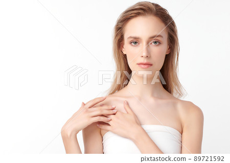Beautiful young woman with clean fresh skin on white background, Face care, Facial treatment, 89721592