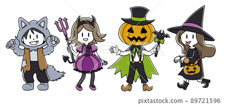 Full-body illustration set of Halloween costumes (werewolf, devil, pumpkin man, witch) 89721596