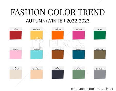 Fashion Color Trend Autumn - Winter 2022 - 2023. Trendy colors palette guide. Fabric swatches with color names. Vector template for your creative designs 89721993