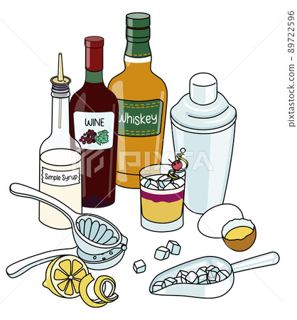 Stylish hand-drawn doodle cartoon style New York Sour cocktail composition. A bottle of whiskey, red wine, egg and sugar syrup. For bar menu, cook book recipe, stickers or cards. Stylish hand-drawn doodle cartoon style New York Sour cocktail composition. A bottle of whiskey, red wine, egg and sugar syrup. For bar menu, cook book recipe, stickers or cards. 89722596