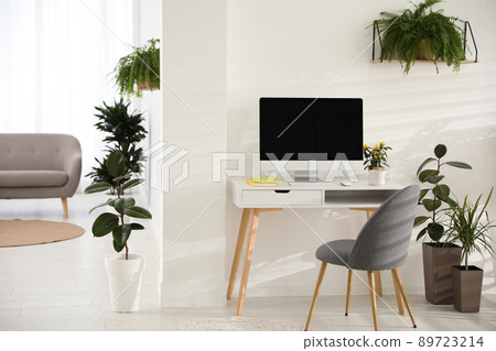 Modern workplace in room decorated with green potted plants. Home design 89723214