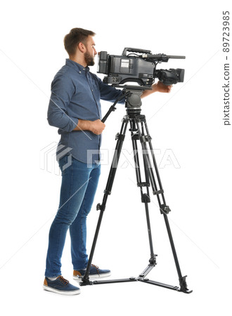 Operator with professional video camera on white background Operator with professional video camera on white background 89723985
