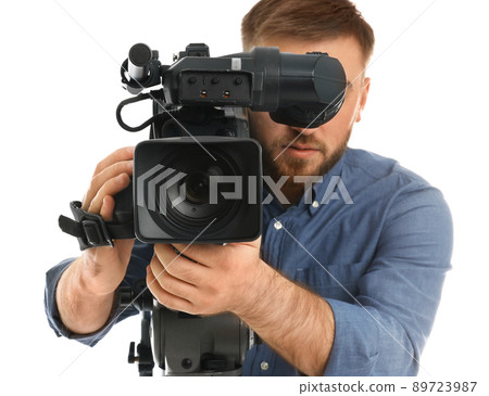 Operator with professional video camera on white background 89723987