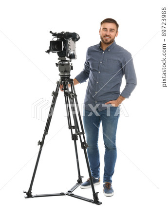 Operator with professional video camera on white background 89723988