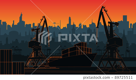 Silhouette commercial port with container ship at the pier and cargo cranes, city skyline on background with sunset. Cityscape and cargo port with cranes. Layers for parallax. 89725511
