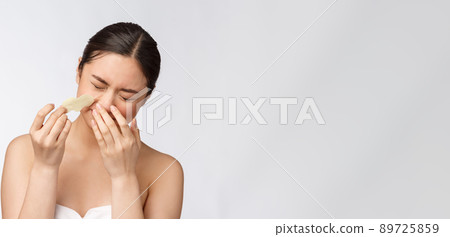 Cosmetology. Portrait Of Beautiful Female Asian Model With Mask On Nose. Closeup Of Healthy Young Woman With Pure Soft Skin And Fresh Natural Makeup. 89725859