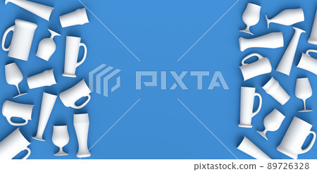 Set of white glasses of fresh draft beer on a blue monochrome background. 89726328