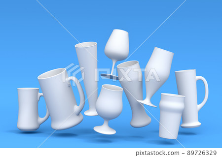 Set of white glasses of fresh draft beer on a blue monochrome background. 89726329