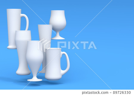 Set of white glasses of fresh draft beer on a blue monochrome background. 89726330