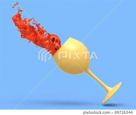 Wine glass with red splashes of fluid isolated on blue monochrome background. 89726344