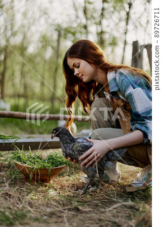 Woman smiles looking at the chicken she holds near the feeder in her hands on the farm, farm labor for raising healthy birds and feeding them organic food in nature Woman smiles looking at the chicken she holds near the feeder in her hands on the farm, farm labor for raising healthy birds and feeding them organic food in nature 89726711