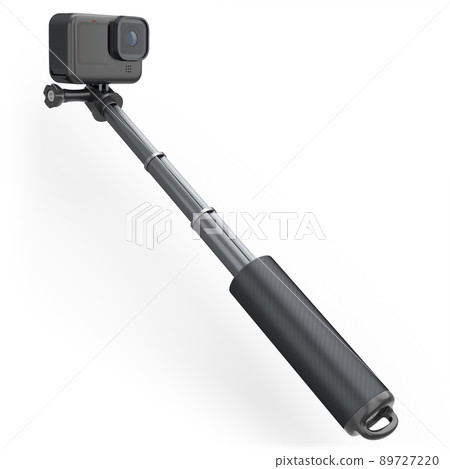 Photo and video lightweight black action camera with selfie stick on white 89727220