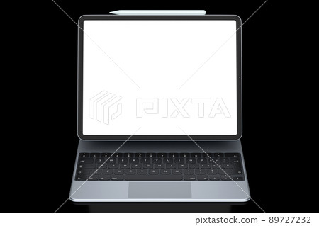 Computer tablet with keyboard and blank screen isolated on black background. 89727232