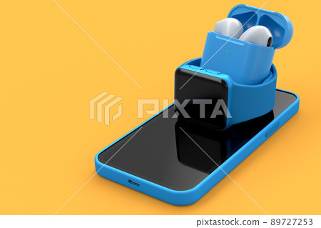 Mockup of smart watches and wireless bluetooth headphones lying on smartphone. 89727253
