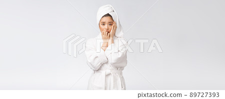 Spa skincare beauty Asian woman drying hair with towel on head after shower treatment. Beautiful multiracial young girl touching soft skin 89727393