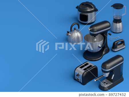 Electric kitchen appliances and utensils for making breakfast on blue background 89727432
