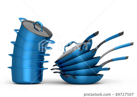 Set of stainless steel stewpot and frying pan on white background 89727507