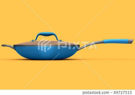 Frying pan with glass lid on yellow background, non-stick kitchen utensils Frying pan with glass lid on yellow background, non-stick kitchen utensils 89727513