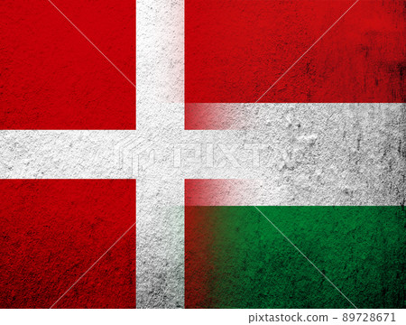the Kingdom of Denmark National flag with National flag of Hungary. Grunge Background 89728671