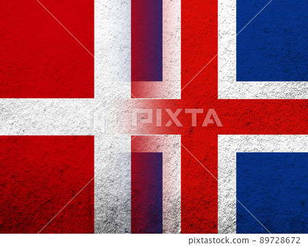 the Kingdom of Denmark National flag with National flag of Iceland. Grunge Background the Kingdom of Denmark National flag with National flag of Iceland. Grunge Background 89728672