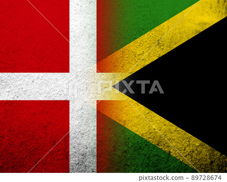 the Kingdom of Denmark National flag with National flag of Jamaica. Grunge Background the Kingdom of Denmark National flag with National flag of Jamaica. Grunge Background 89728674