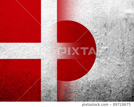 the Kingdom of Denmark National flag with National flag of Japan. Grunge Background the Kingdom of Denmark National flag with National flag of Japan. Grunge Background 89728675