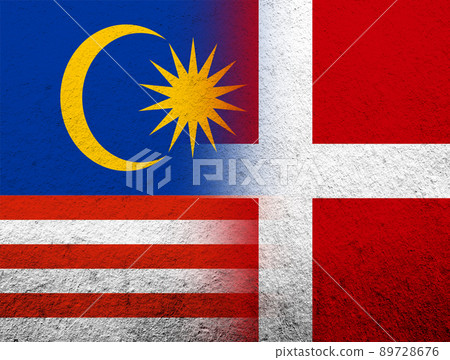 the Kingdom of Denmark National flag with National flag of Malaysia. Grunge Background the Kingdom of Denmark National flag with National flag of Malaysia. Grunge Background 89728676