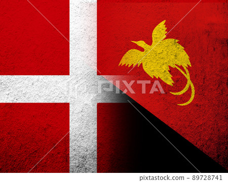 the Kingdom of Denmark National flag with The Independent State of Papua New Guinea National flag. Grunge Background 89728741