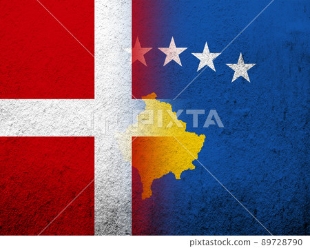 the Kingdom of Denmark National flag with The Republic of Kosovo National flag. Grunge Background 89728790